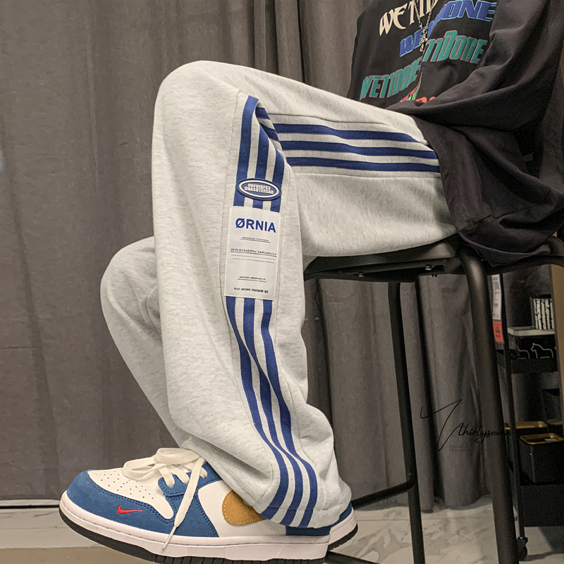 Men's Autumn and Winter American-Style Sports Sweatpants, Loose Straight-Leg Casual Fleece-Lined Trousers for Teenagers