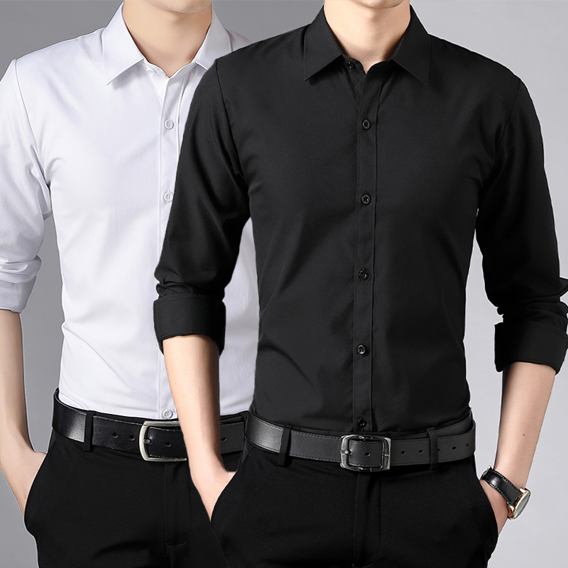 Spring and Autumn Long-Sleeved Shirt for Men, Black Slim-Fit Business Formal Shirt, Solid Color Thin Shirt for Men, Suitable for Work
