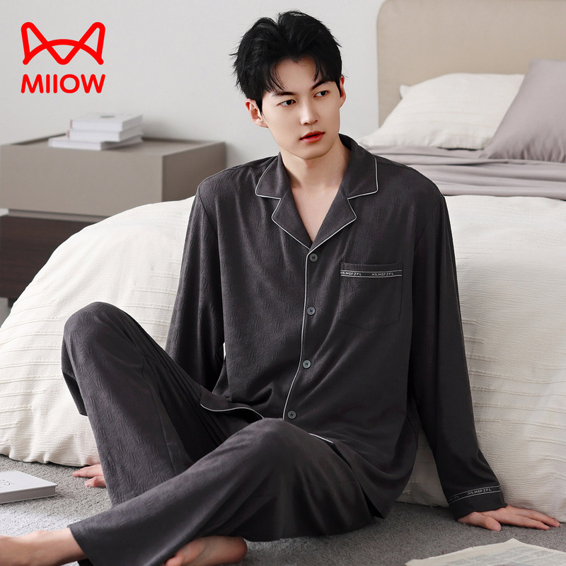 Catman Pajamas Men's Spring and Autumn Pure Cotton Long Sleeve Men's Autumn Thin Large Size Men's Autumn Style High-End Home Wear