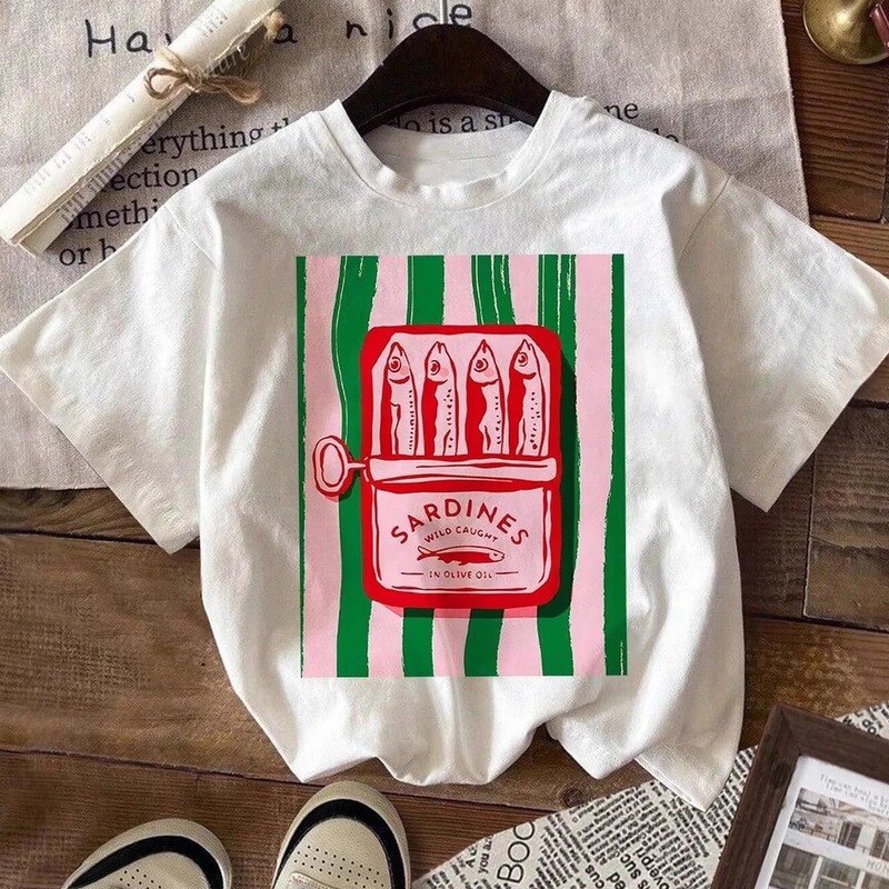 Jhyf American Retro Vintage Niche Fun Hand-Painted Small Fish Print European and American Style Loose Short-Sleeve T-Shirt for Women