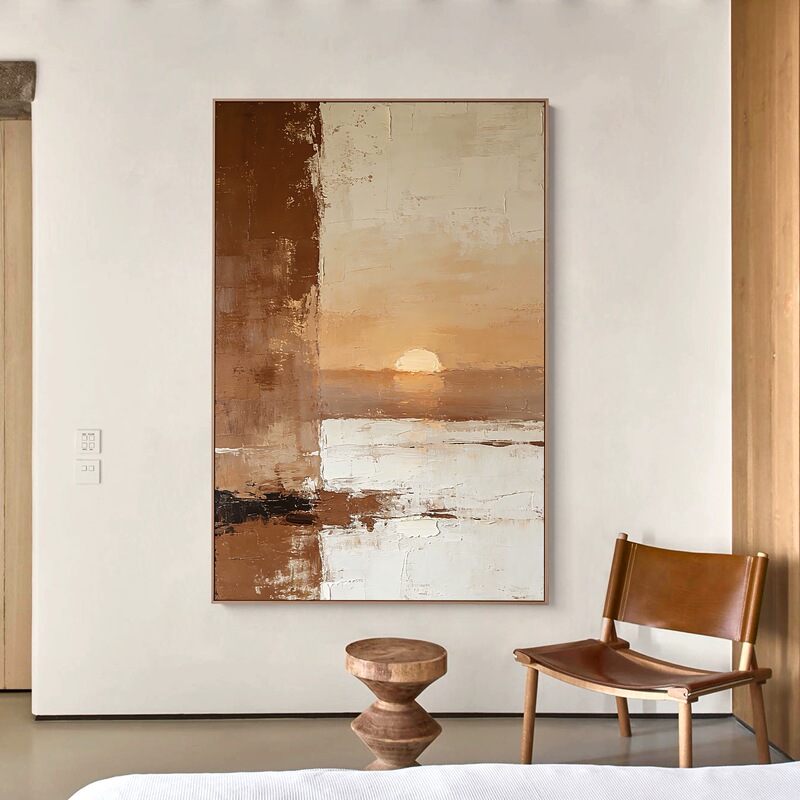 Wabi-Sabi Style Abstract Sunrise Pure Hand-Painted Oil Painting for Living Room and Dining Room, Vintage Decorative Painting for Entryway, High-End Wall Art