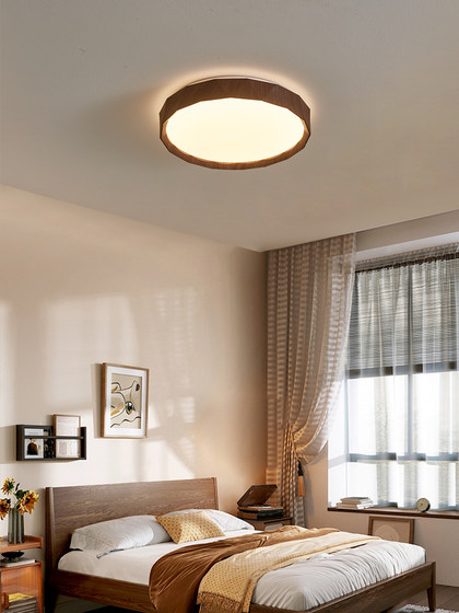 Vintage Walnut-Colored Ceiling Light for Bedroom, Simple Round Study Lamp