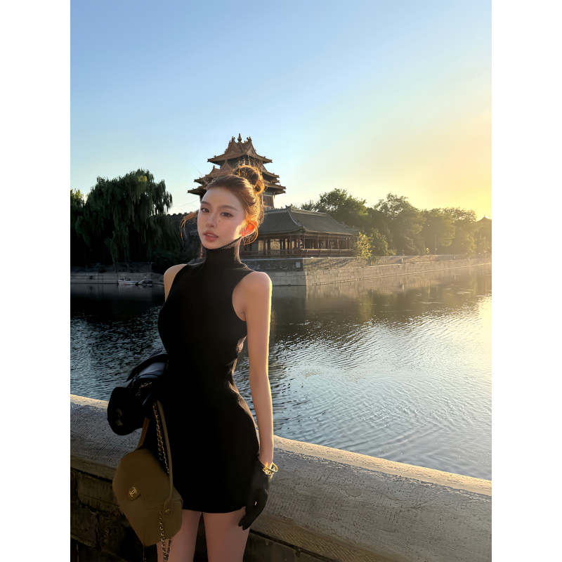 Oyff Fanfan Is Here【Kendall Dress】High-Neck Sleeveless Ribbed Knit Dress for Women, Waist-Cinching Tank Top Short Dress