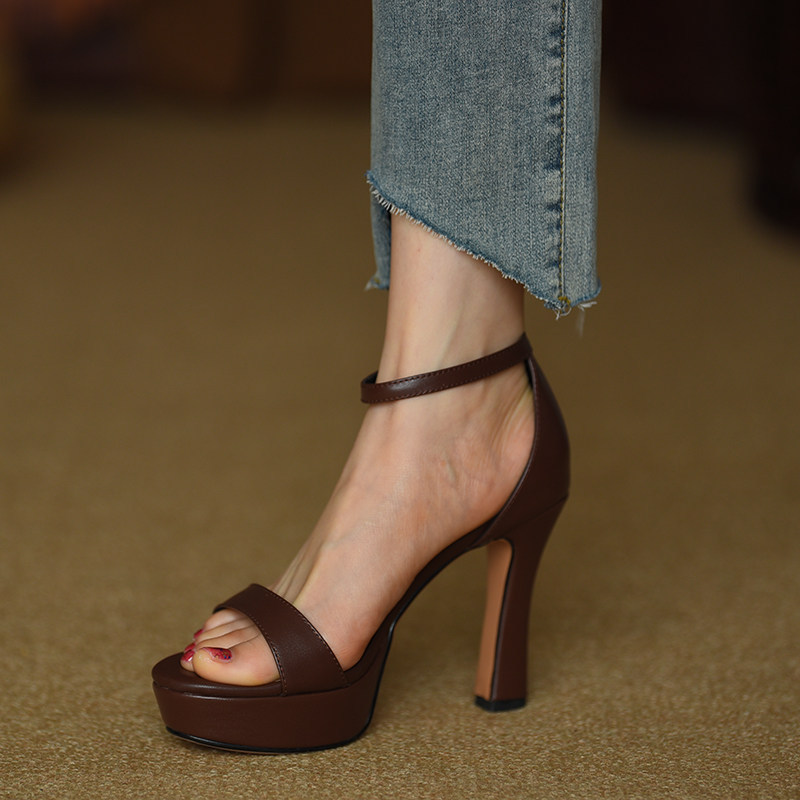 [Italy~Caropalfi] Genuine Leather 10cm One-Strap Thick-Heeled Sandals for Women, Waterproof Platform High-Heeled Shoes for Summer