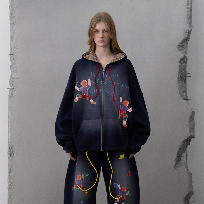 Lu Sitong's Same Style Cheeri Upi 2026 Autumn New Rock Climbing Print Sweatshirt Cardigan Loose Jacket