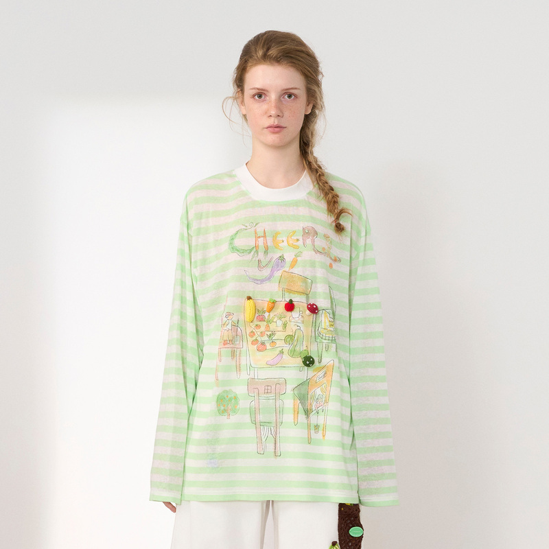 Cheeri Upi2026 New Summer Style Long-Sleeved T-Shirt with Vegetable Print Stripes on the Table, Holiday Style Women's Top Cheeri Upi2026 New Summer Style Long-Sleeved T-Shirt with Vegetable Print Stripes on the Table, Holiday Style Women's Top