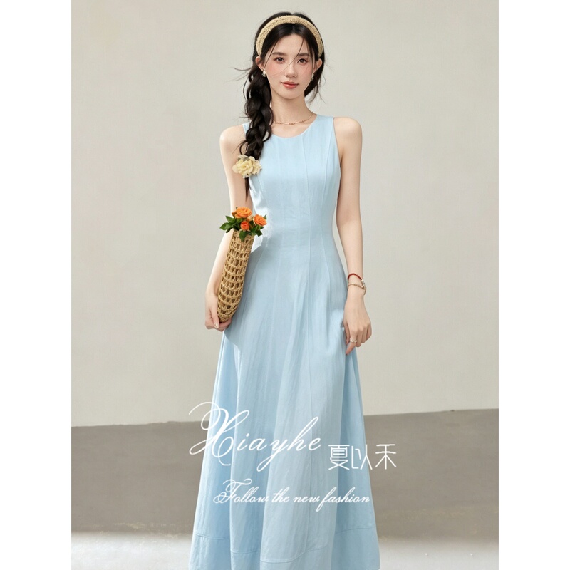 Summer Yihelai French-Style Blue Sleeveless Dress for Women, New Summer Model, Elegant Waist-Cinching Slim-Fit Tank Dress, Light Formal Long Dress Summer Yihelai French-Style Blue Sleeveless Dress for Women, New Summer Model, Elegant Waist-Cinching Slim-Fit Tank Dress, Light Formal Long Dress