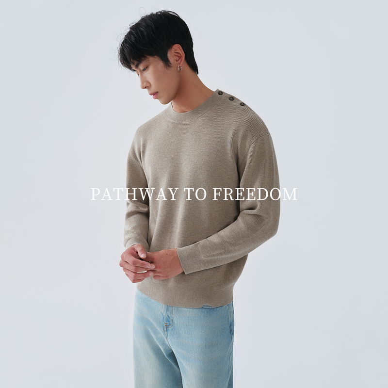 Ptoff Mocha Color Single-Shoulder Button Sweater Men's Autumn Round Neck Knitwear Drop Shoulder Long Sleeve Loose Casual Top