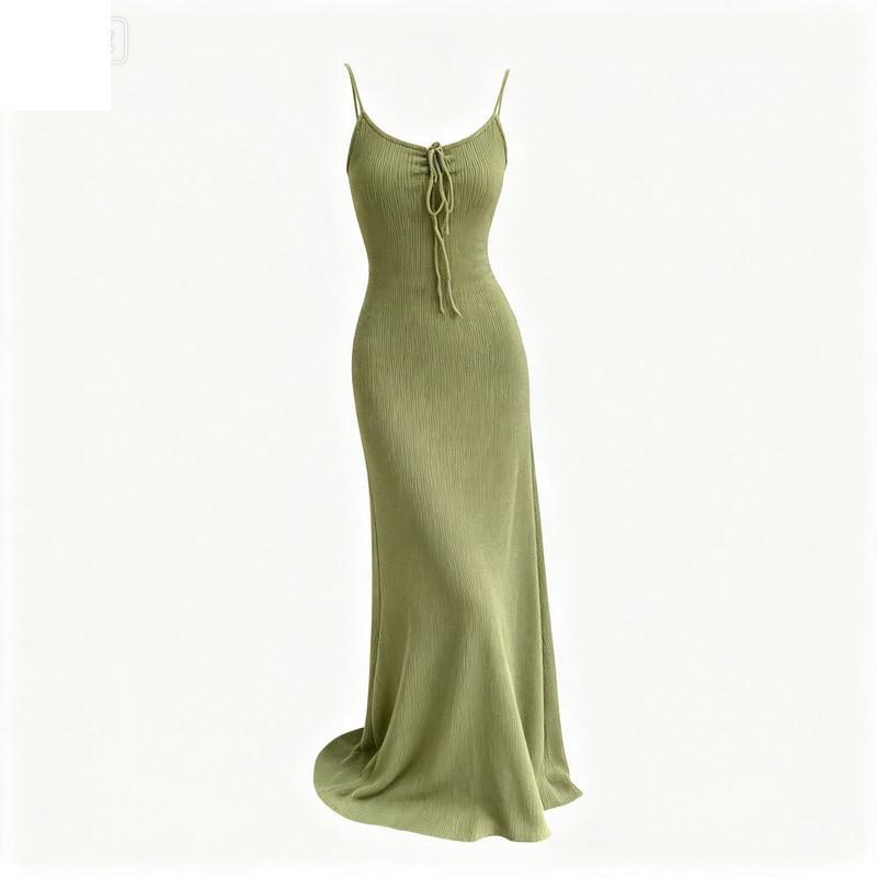 [Summer Coolness] Olive Green Knitted Spaghetti Strap Long Dress, Slim Fit, Flattering, Perfect for Photos, Travel, and Photo Shoots
