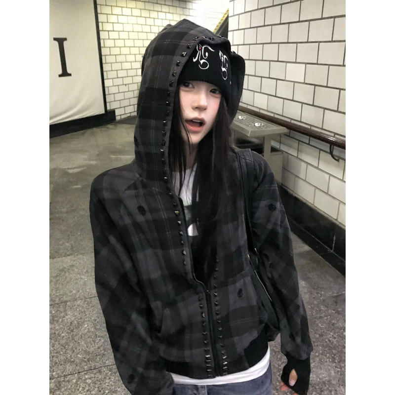 Street Style Light Skull Pattern Hooded Sweatshirt for Women, New Autumn and Winter Rivet Raglan Cardigan Jacket, Subculture Top