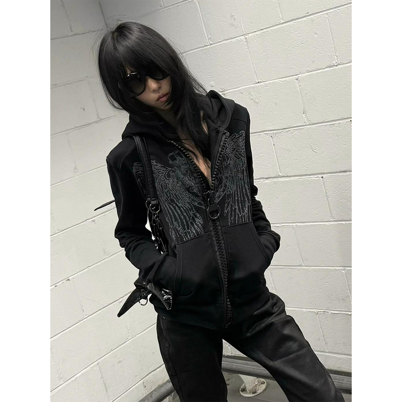 Subculture Short Shoulder-Length Jacket for Women, Early Autumn New Style, Large Zipper Hooded Sweatshirt, Cardigan, Slim Fit Top, Visual Style Subculture Short Shoulder-Length Jacket for Women, Early Autumn New Style, Large Zipper Hooded Sweatshirt, Cardigan, Slim Fit Top, Visual Style