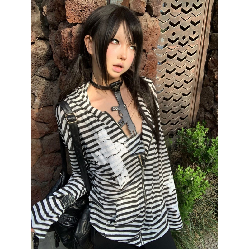 Subculture Tencel Sun Protection Blouse for Women, New Summer Punk Striped Cardigan, Thin Jacket, Y2K Light Top