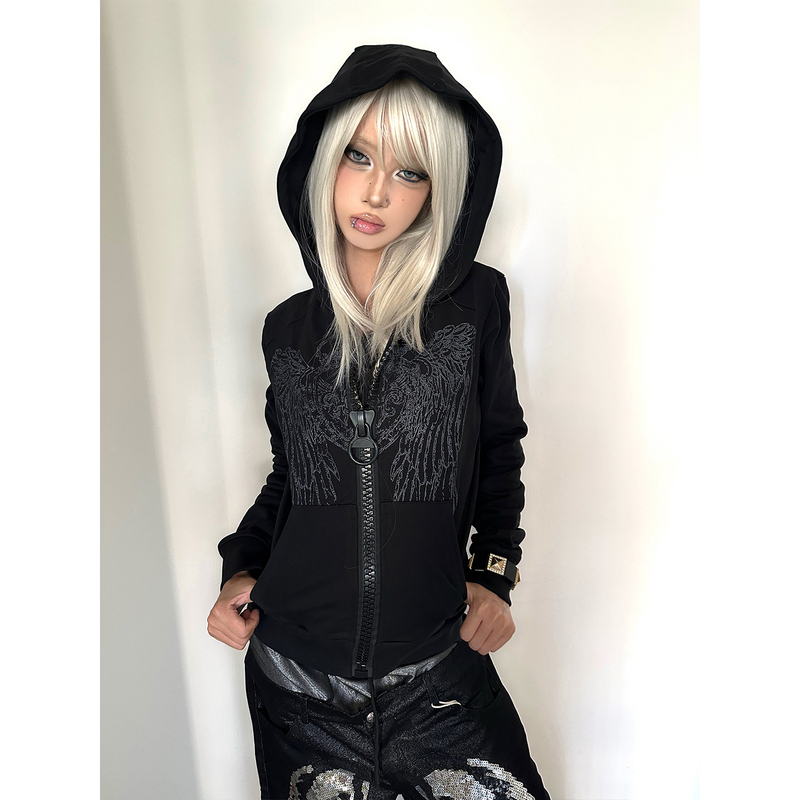 Subculture Large Zipper Jacket for Women, Early Autumn New Style, Glitter Print Hooded Sweatshirt, Slim Fit, Regular Shoulder Top, Visual Style Subculture Large Zipper Jacket for Women, Early Autumn New Style, Glitter Print Hooded Sweatshirt, Slim Fit, Regular Shoulder Top, Visual Style