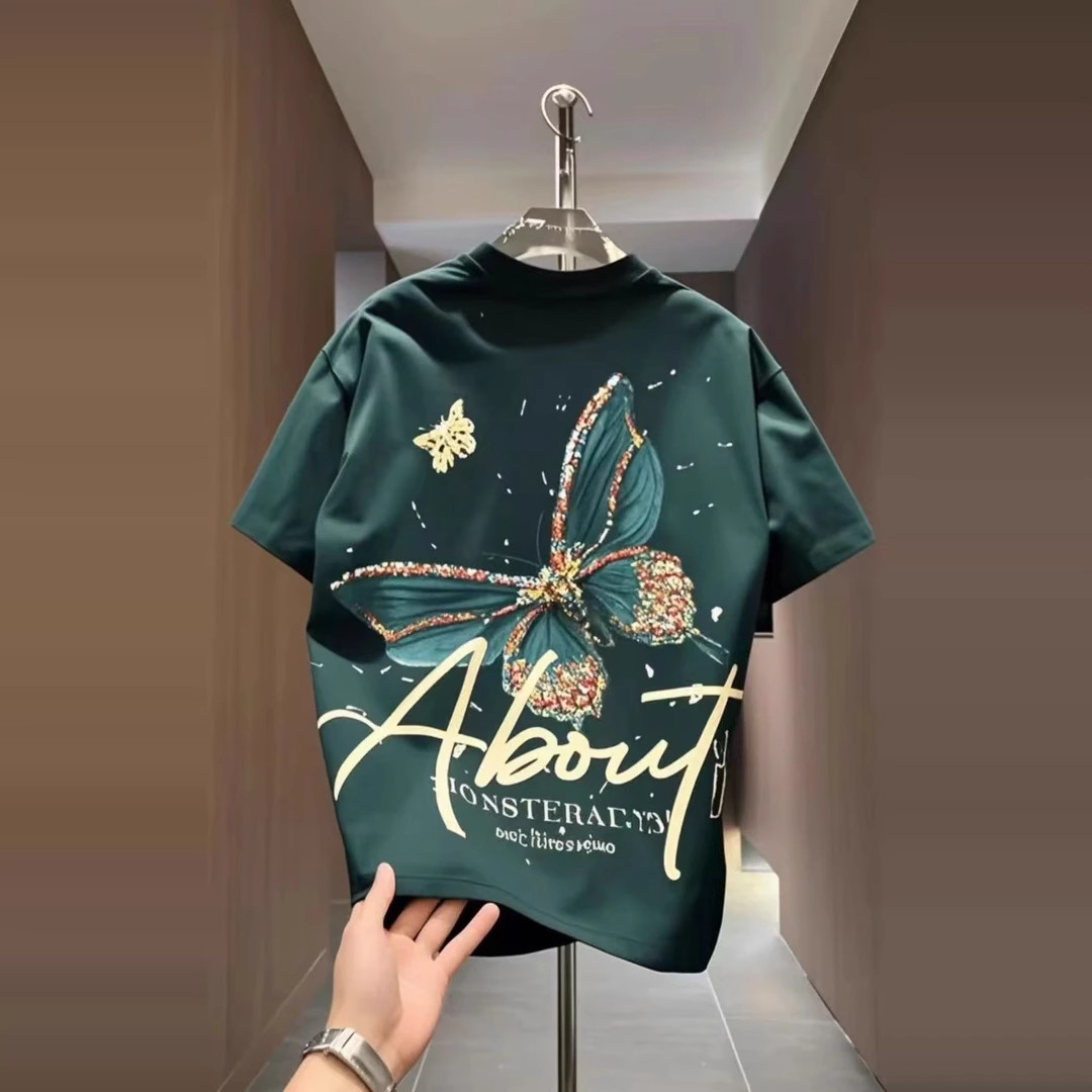 輸出在庫処分セール～デパートのカウンターでお買い得品が見つかる：レトロ、万能、トレンディ、ゆったりとしたシルエット、蝶柄、ユニセックスの純綿半袖Tシャツ、ニッチブランド。