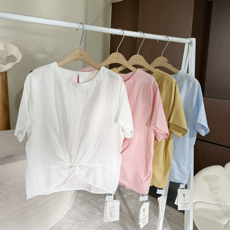 6.20 Summer New Style Ac-66290 Korean Style Loose Round Neck Linen Shirt with Twist Design 6.20 Summer New Style Ac-66290 Korean Style Loose Round Neck Linen Shirt with Twist Design