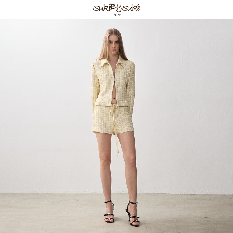 Sukibysuki Tweed-Style Sequin Floral Yarn Hook-Button Cardigan Jacket and Shorts Two-Piece Set Sukibysuki Tweed-Style Sequin Floral Yarn Hook-Button Cardigan Jacket and Shorts Two-Piece Set