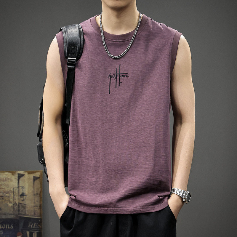 Japanese High-End Brand Bamboo Cotton Vest for Men | Summer Loose-Fitting Sports Sleeveless Pure Cotton Letter Embroidery Sweatshirt Trendy