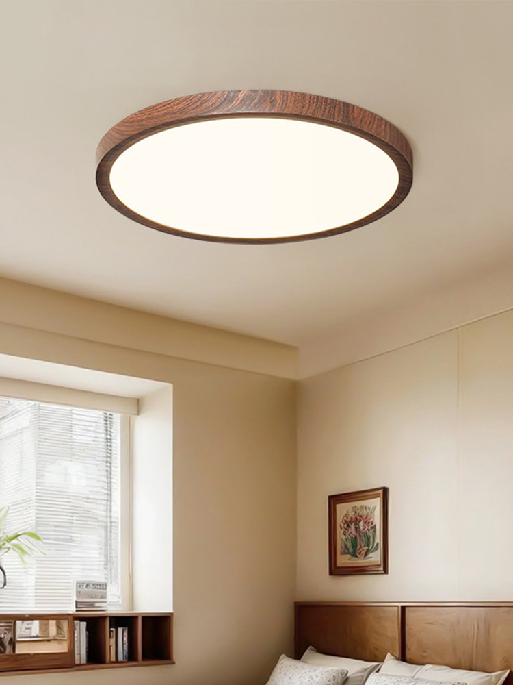 Japanese-Style Walnut Wood Grain Bedroom Ceiling Lamp, French Mid-Century Ultra-Thin Dining Room Simple Wabi-Sabi Study Eye-Protection Room Lamp