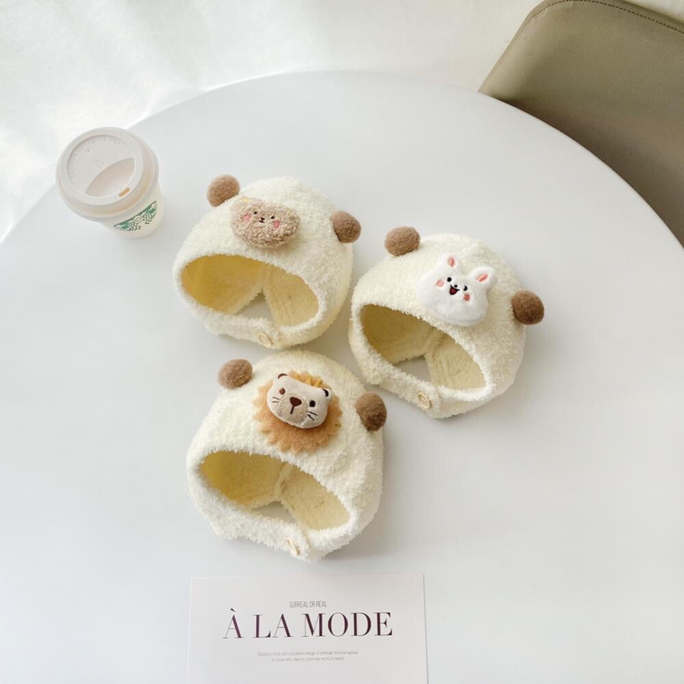 2024年新作ベビーハット - 純綿のかわいいダブルボール耳当て付き帽子、暖かく防風性のあるニットプラッシュハット、トレンディ