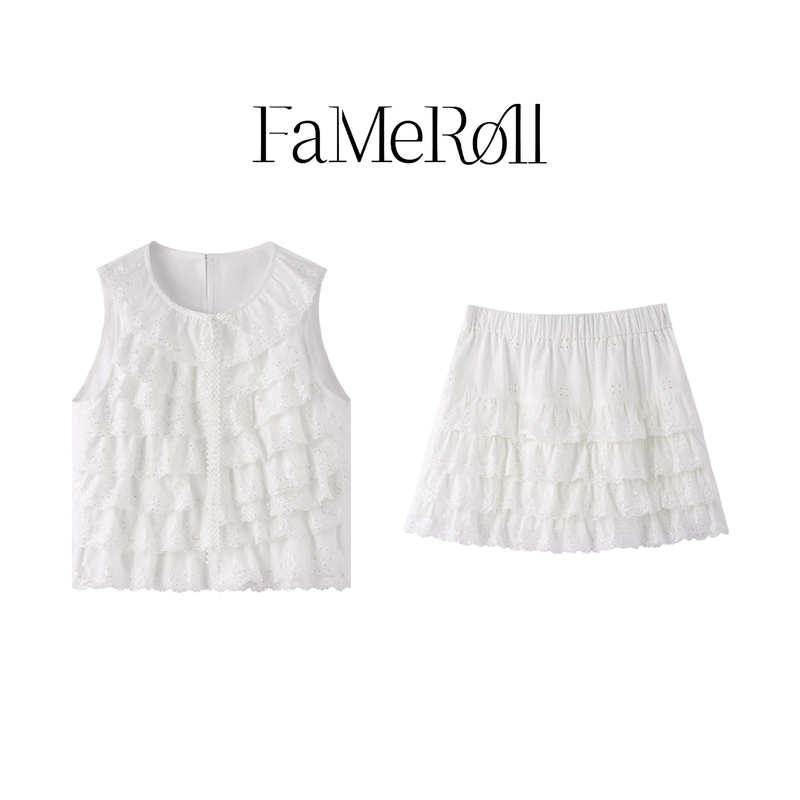 Fameroll/Fameroll Lace Ruffled Sweet Blouse with Hollow-Out Cake Skirt Set