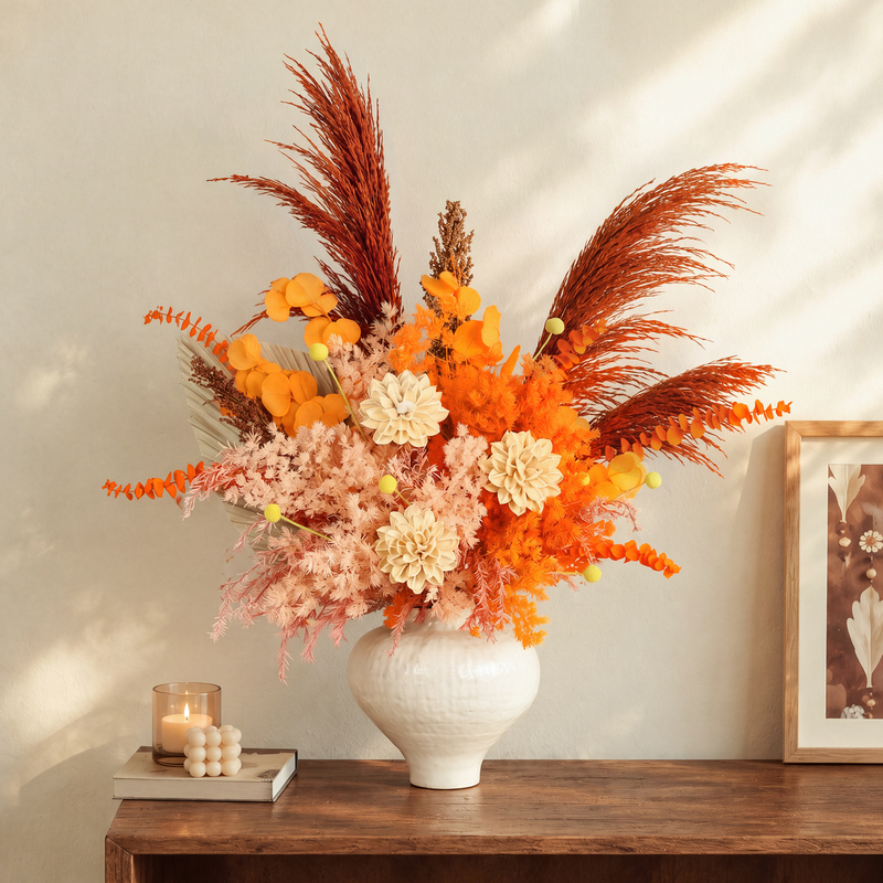 Autumn-Colored Preserved Flowers and Dried Flower Bouquets, Niche High-End Natural Air-Dried Real Flowers for Living Room Tabletop Decoration