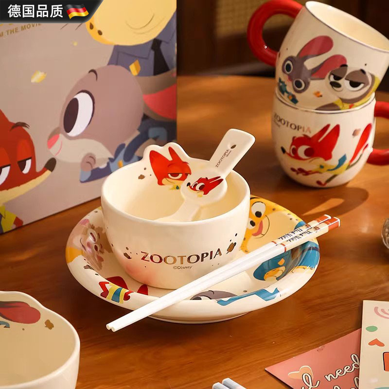 German Zootopia-Style Cute Ceramic Tableware Couple's Home-Use Rice Bowl Set for One Person, Dinik High Aesthetic Value