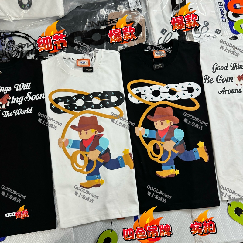 Goodbrand Year of the Horse Cute Foamed Denim Rhinestone Gemstone Short Sleeve Light Luxury National Trend Round Neck T-Shirt Unisex