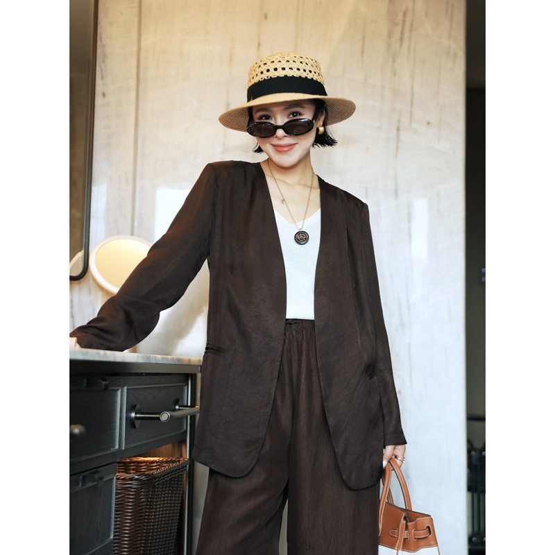 Kikizz Sister Hui 100% Acetate Textured Satin Blazer for Women, Old Money Style, High-End Commuter Suit