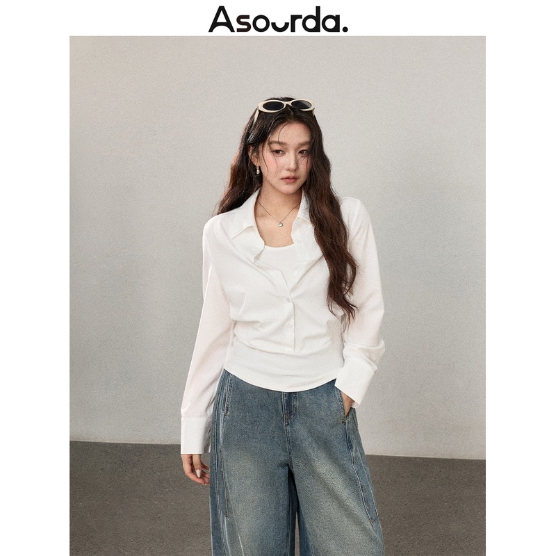 A Bite of Su Da Zhang's [Controlled Aesthetics] White Shirt with a Fake Two-Piece Design, Plus-Size Top That Covers the Body