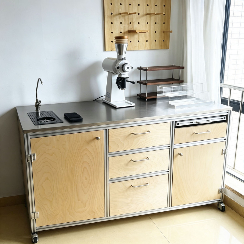 Simple Movable Water Bar Counter with Aluminum Profiles, Marine Board Cabinet, Stainless Steel Countertop, Coffee Shop Mobile Workstation Table Simple Movable Water Bar Counter with Aluminum Profiles, Marine Board Cabinet, Stainless Steel Countertop, Coffee Shop Mobile Workstation Table