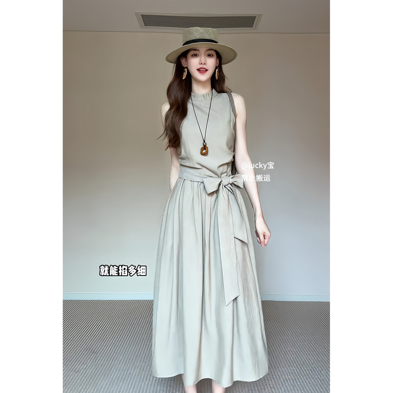 Shiguangli Studio 2026 Summer Simple and Relaxed Sleeveless Elegant Tie Long Round Neck Dress