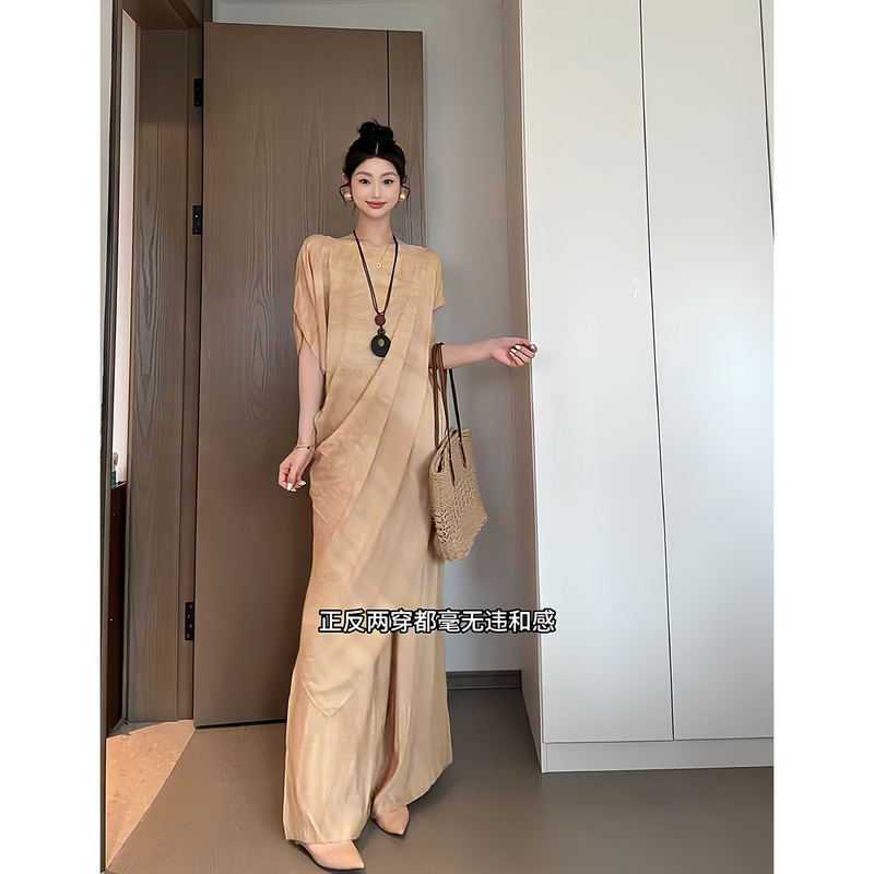 Shiguangli Studio Old Money Style Tie-Dye Craft Long Blouse Top and Wide-Leg Casual Pants Set for Women