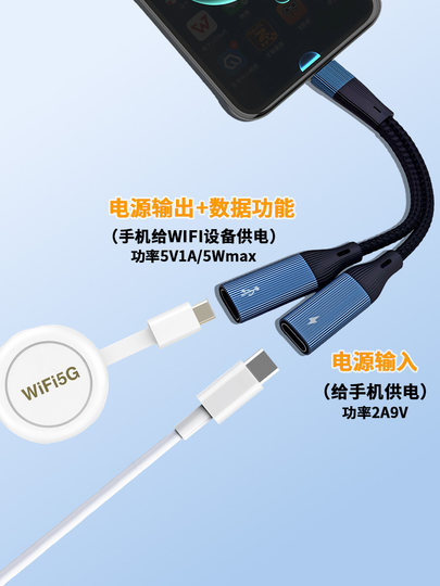 手机边充电边连接上网宝无线WIFI数据接收终端设备一分二两用转接线双TypeC接口一转二OTG反充电与传输数据线