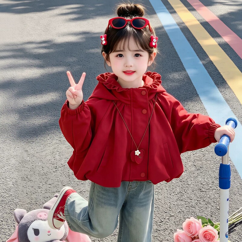 Girls' Korean-Style Jacket for Spring and Autumn 2026 New Trendy Baby Hooded Jacket Autumn Outfit Children's Puff Sleeve Top