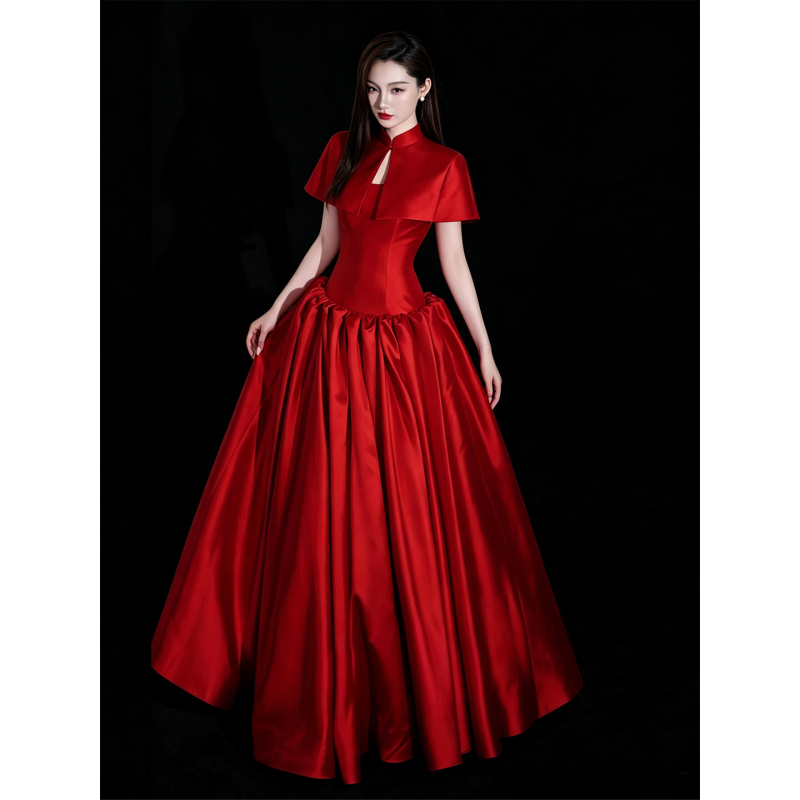 Red Satin Tube Top Evening Dress, High-End Banquet Host Dress, Coming-Of-Age Ceremony, Engagement, Wedding, Bride's Toast Dress