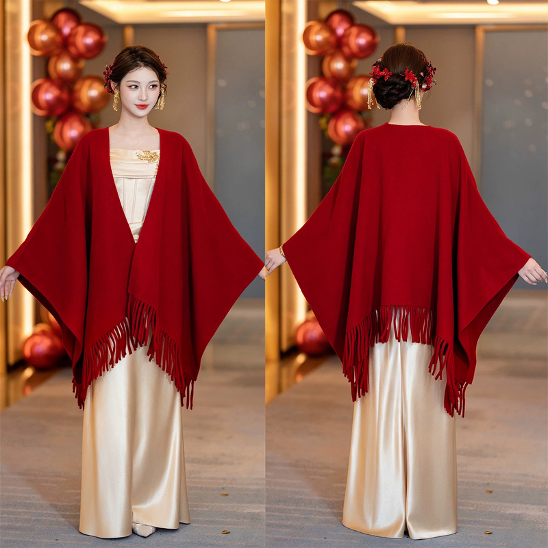 Red Wedding Shawl for Autumn and Winter, Engagement Dress Outerwear, Wedding Toast Gown, Bridal Cape, Everyday Wearable Red Wedding Shawl for Autumn and Winter, Engagement Dress Outerwear, Wedding Toast Gown, Bridal Cape, Everyday Wearable