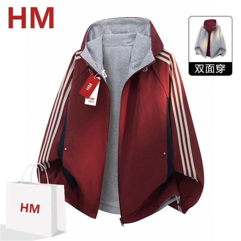 Hm Sports Style Striped Hooded Jacket for Men, New Spring Model, Loose Trendy Oversized Double-Sided Wear Jacket