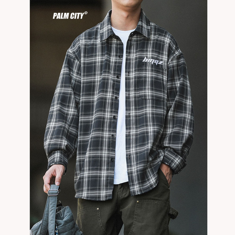 Palm City Spring and Autumn Japanese Retro Embroidered Plaid Shirt Men's Long-Sleeve Casual Shirt Jacket Trendy