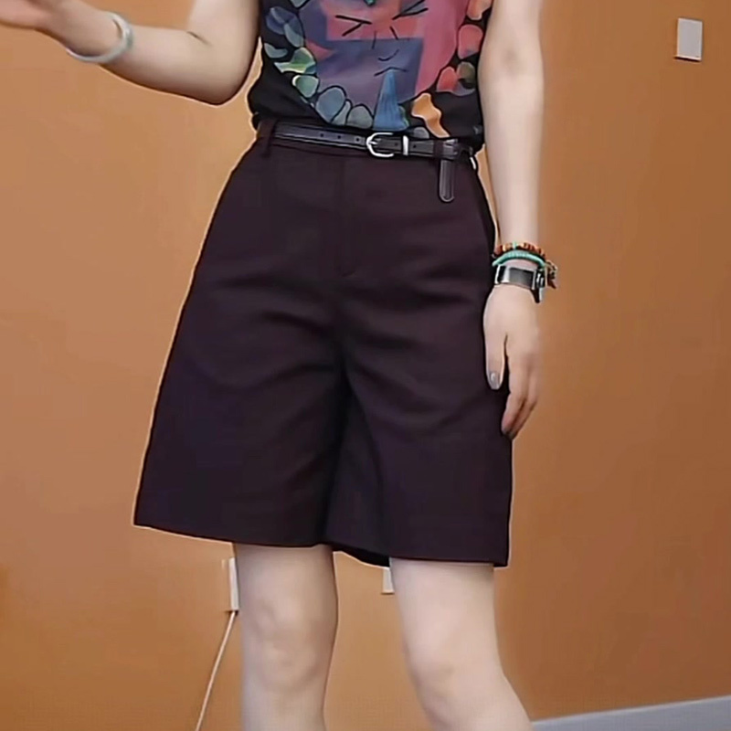 Burgundy Suit Shorts for Women, Summer Thin Style, 2026 New Model, Plus Size, High-Waisted, Slimming, Straight-Leg, Wide-Leg, Knee-Length Shorts