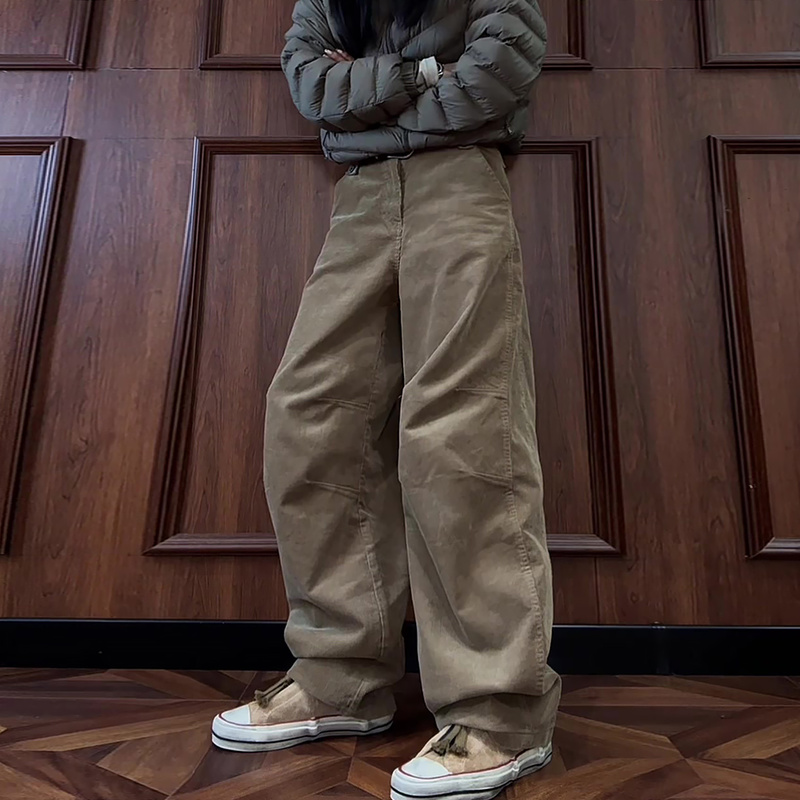 Khaki Corduroy Wide-Leg Pants for Women, Autumn 2026 New Style, Plus Size, High-Waisted, Loose, Slimming Casual Pants