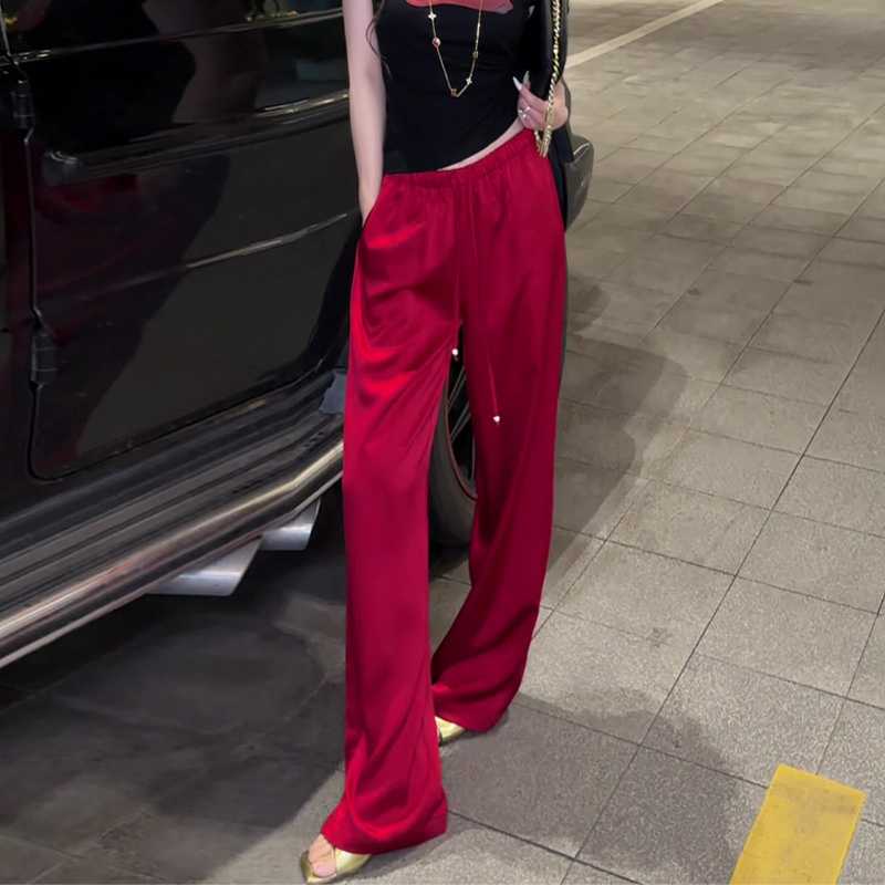 High-End European-Style Red Acetate Satin Pants for Women, Summer Thin Style 2026 New High-Waisted Drapey Ice Silk Wide-Leg Pants High-End European-Style Red Acetate Satin Pants for Women, Summer Thin Style 2026 New High-Waisted Drapey Ice Silk Wide-Leg Pants