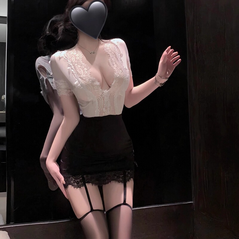 Pleasant Space【Misty White Passion】Sexy Lace See-Through Deep V Secretary Outfit Pure Desire Bodycon Skirt