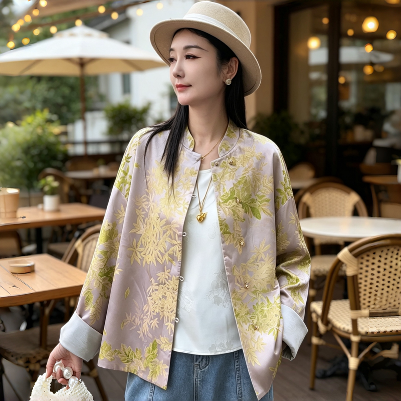 Wanshili Fenglin Evening New Chinese Style Silk Stand Collar Jacquard Jacket Women's Long Sleeve Mulberry Silk Cardigan Commuting Top
