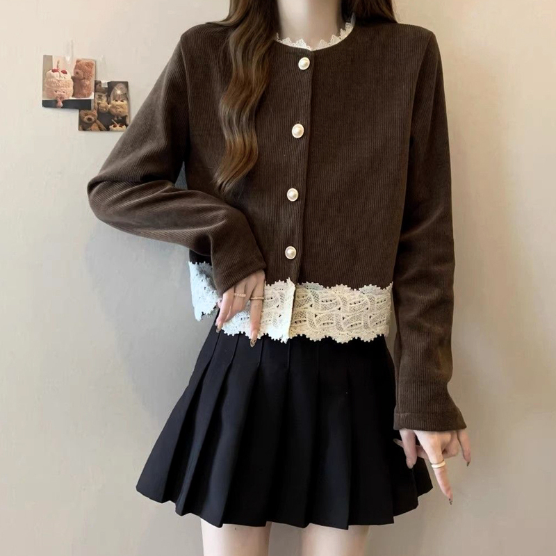 French-Style Retro Corduroy Long-Sleeve Shirt for Women, 2026 Spring and Autumn Season, Lace Patchwork, Slimming Design, Casual Top