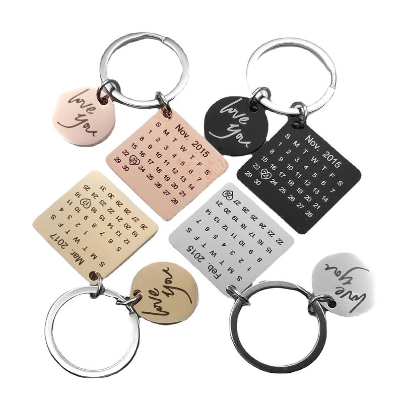 DIY Calendar Engraved Keychain Couple Valentine's Day Birthday Anniversary Stainless Steel Date Personalized Silver Titanium Steel