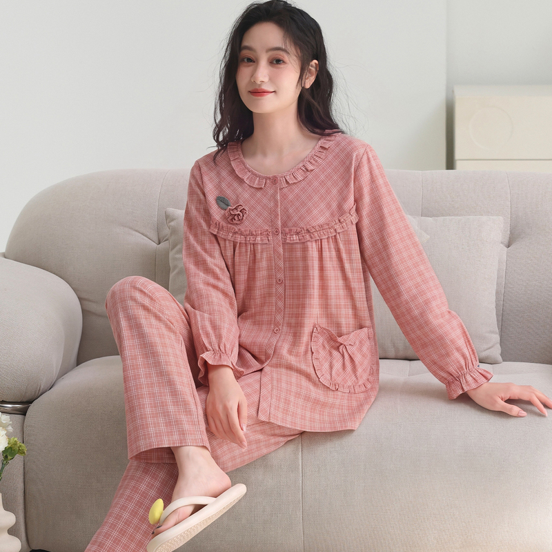 Spring and Autumn Women's Pajamas, Brushed Woven Pure Cotton, Long-Sleeved, Long Pants, Sweet Plaid, Buttoned, Soft Loungewear, Plus Size