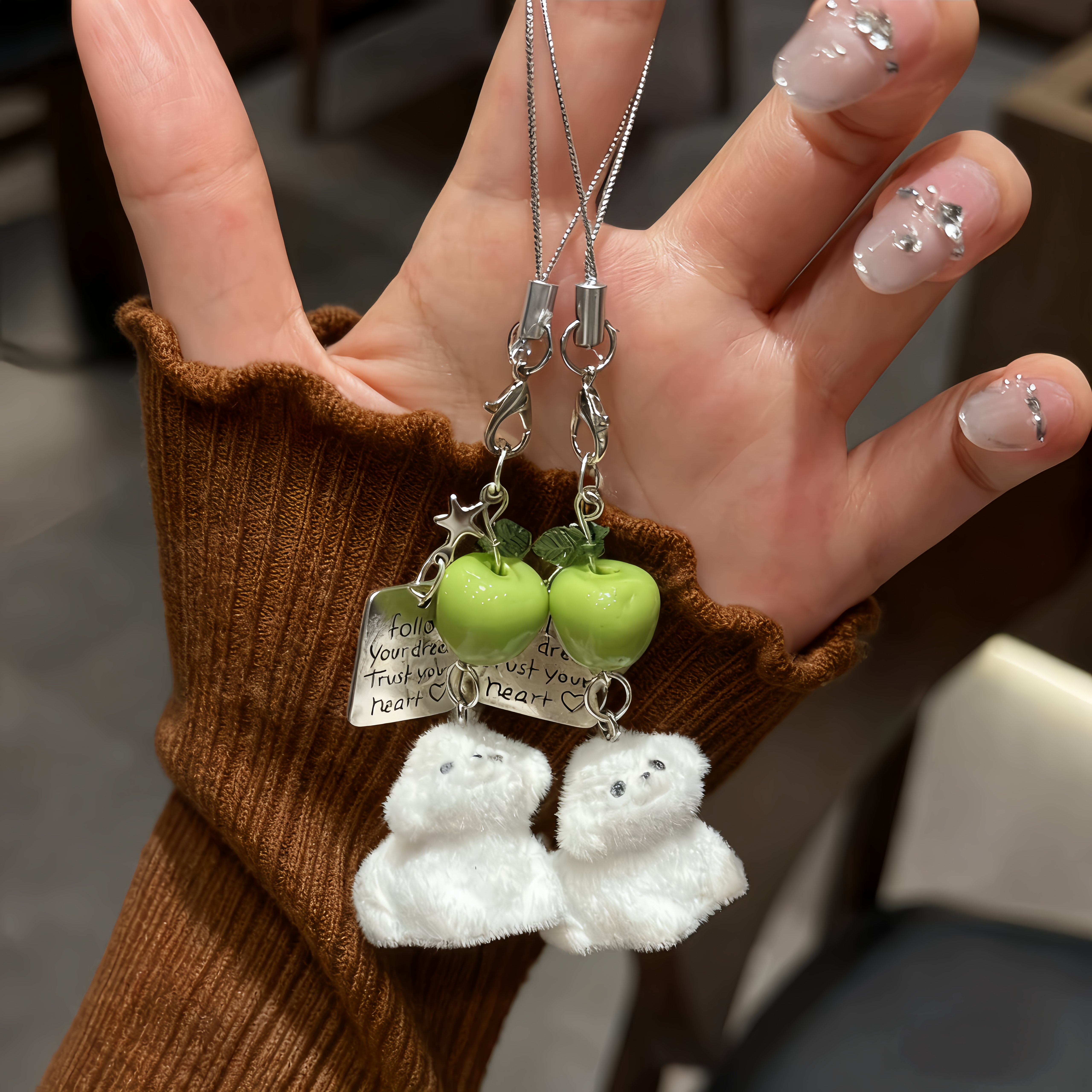 Green Apple Puppy Flocked Keychain Phone Chain Cute Bag Charm Phone Pendant Doll Gift for Women
