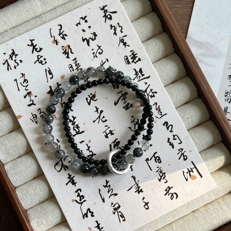 New Chinese-Style Black Double-Layered Ink Wash Peace Buckle Bracelet, Light Luxury Niche Design, Cool and Minimalist Style Couple's Jewelry
