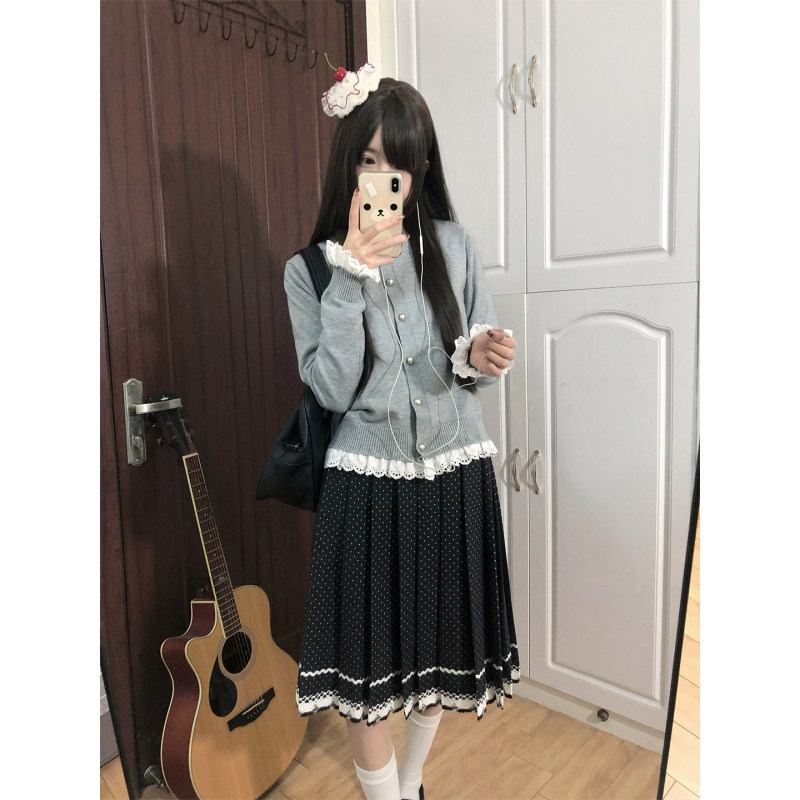 Lily of the Valley/Mars Jk Fake Two-Piece Knitted Cardigan Sweater Coat Women's Polka Dot Skirt Set College Style Lace Top Lily of the Valley/Mars Jk Fake Two-Piece Knitted Cardigan Sweater Coat Women's Polka Dot Skirt Set College Style Lace Top