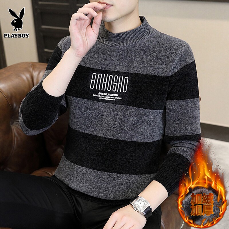 Playboy Crew Neck Sweater for Men, Autumn and Winter Trendy Fashion, Fleece-Lined, Thickened, Warm Knit Base Shirt Playboy Crew Neck Sweater for Men, Autumn and Winter Trendy Fashion, Fleece-Lined, Thickened, Warm Knit Base Shirt